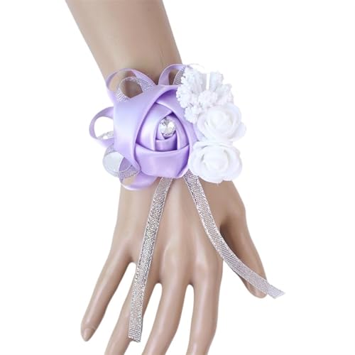 XPJYUA Hochzeit Corsage Seidenrosen, weiße Ansteckblume for das Handgelenk, Blumen for Brautjungfern, Blumenarmband, rosa, blau, Brautschwestern, Hochzeitsaccessoires(Light Purple) von XPJYUA