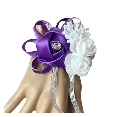 XPJYUA Hochzeit Corsage Seidenrosen, weiße Ansteckblume for das Handgelenk, Blumen for Brautjungfern, Blumenarmband, rosa, blau, Brautschwestern, Hochzeitsaccessoires(Purple) von XPJYUA