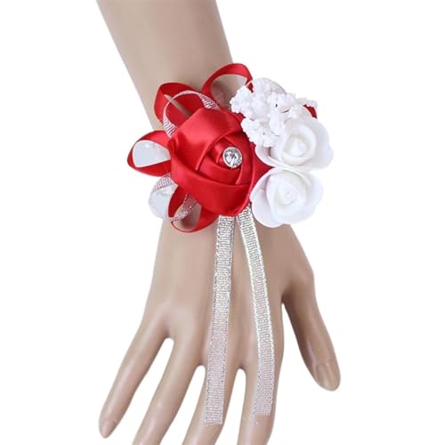 XPJYUA Hochzeit Corsage Seidenrosen, weiße Ansteckblume for das Handgelenk, Blumen for Brautjungfern, Blumenarmband, rosa, blau, Brautschwestern, Hochzeitsaccessoires(Red) von XPJYUA