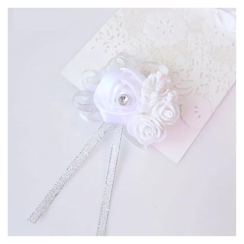 XPJYUA Hochzeit Corsage Seidenrosen, weiße Ansteckblume for das Handgelenk, Blumen for Brautjungfern, Blumenarmband, rosa, blau, Brautschwestern, Hochzeitsaccessoires(White) von XPJYUA