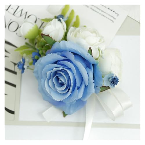 XPJYUA Hochzeit Corsage Weiße und Blaue Seidenrose-Hochzeitsboutonnieres for Männeranzüge, Anstecknadeln, künstliche Blumen, Brautjungfern-Anstecker, Handgelenk, Abschlussball(02) von XPJYUA