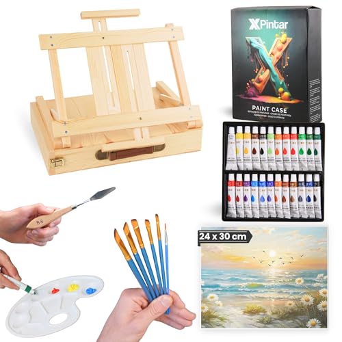 XPINTAR Malset mit 34 Teilen, Staffelei, Acrylfarbe, 24 Tuben Acrylfarbe x 12 ml, 6 Pinsel, Leinwand zum Malen, Spachtel und Palette, Farben für Kinder und Erwachsene von XPintar