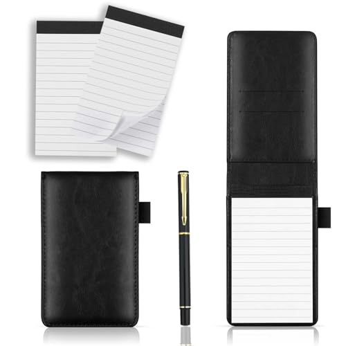 XQEUMC A7 Mini Notizblock Set, Pu Leder Notizbuch Set, Mini Pocket Notizbuch,mit Stift und 2 Stück Ersatz-Notizblöcken,Taschennotiz block für AktivitäTen im Freien (Schwarz) von XQEUMC