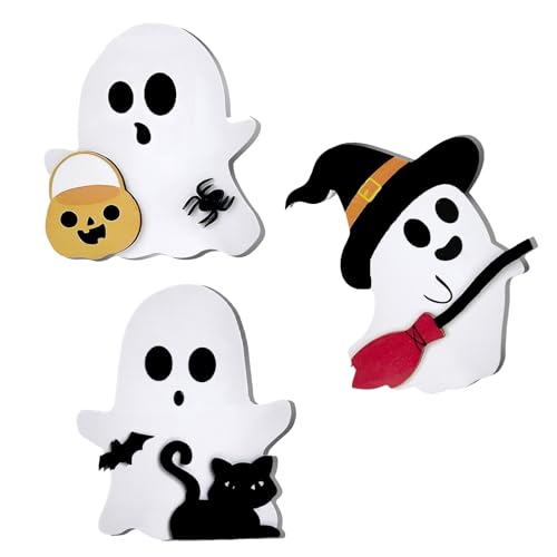 XQMMGO 3 Stück Halloween Geist Ornamente Aufsteller, Geister Halloween-Dekorationen für Innenräume, Natur Holz kleinen Figuren Deko, Fasching Karneval Halloween Dekoration von XQMMGO