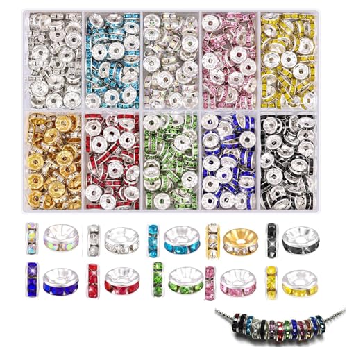 XQMMGO 600 Stück Rondelle Perlen, Strass Spacer Beads, Metallperlen Flache, Kristall Metallperlen, Mischfarbe Lose Perlen für Armbänder DIY Schmuckherstellung Ohrringe von XQMMGO