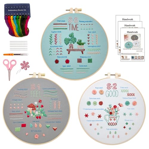 XQMMGO Stickset für Anfänger Set, Sticken Set Erwachsene, Blumenmuster-Pflanzen Stickerei set mit 1 Bambus-Stickrahmen, Embroidery Starter Tools, DIY Sticken Kunsthandwerk von XQMMGO