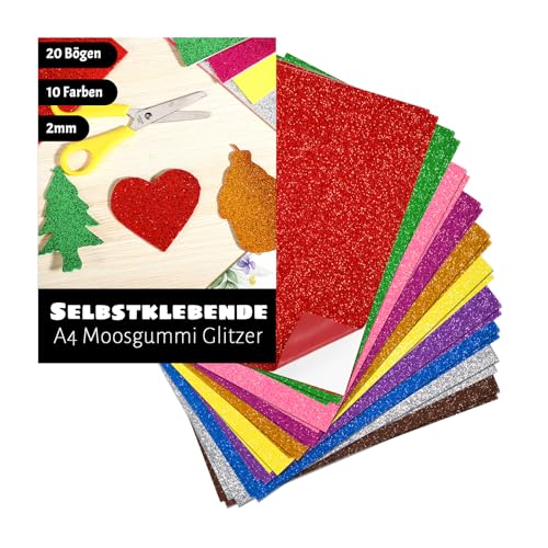 20 Bogen Moosgummi Glitzer, A4 Selbstklebende Moosgummi Platten 2mm Stark Glitzerpapier zum Basteln Bastelpapier Bunt für DIY Bastelarbeiten Handwerk Scrapbooking（20 x 30cm） von XREE