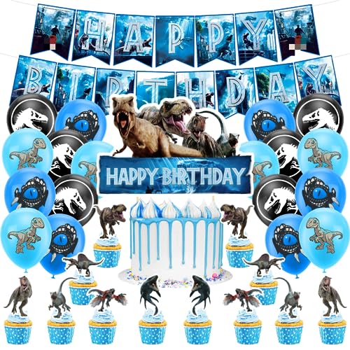 XRHOT Dinosaurier Geburtstag Deko 46PCS Dinosaurier Geburtstagsdeko Jurassic Dino Luftballon Happy Birthday Banner Dino Tortendeko Geburtstag Deko für Dino Deko Kindergeburtstag von XRHOT