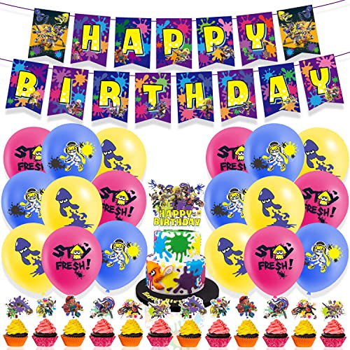 XRHOT Splatoon Geburtstagsdeko Splatoon Geburtstags Splatoon Geburtstags Banner Splatoon Luftballons Geburtstag Splatoon Cake Topper Splatoon Party Dekoration 46PCS von XRHOT