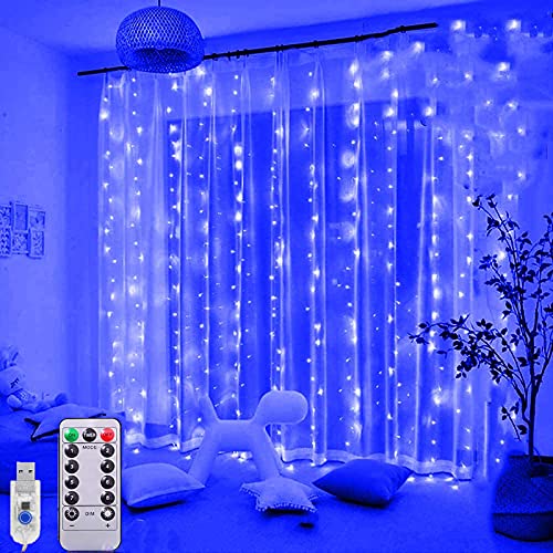 LED Lichtervorhang - 3x3m 300 LEDs Vorhanglichter mit 8 Modi-USB Lichterkettenvorhang mit Fernbedienung - LED Lichterketten für Party Weihnachten Außen Innen Schlafzimmer Deko(Blau) von XRR