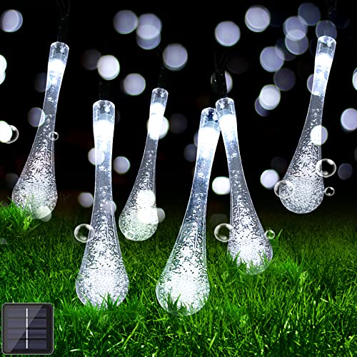 XRR Solar Lichterketten Außen 7.5M 50LED Solar Wassertropfen Lichterkette - 8 Modi Wasserdicht Dekorative Garten Lichterkette für Bäume, Hochzeiten, Party, Balkon,Terrasse (Kaltes Weiß) von XRR