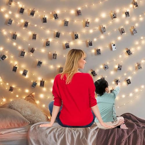 XRR Foto Lichterkette, 10M 100LED Lichterkette Fotoclips mit 50 Klammern Batterie betrieben Fotolichterkette Polaroid Lichterkette für Wohnzimmer Hochzeiten Party Weihnachten Deko von XRR