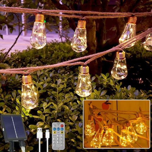 XRR Solar Lichterkette Aussen, 7.5M 16 Glühbirnen LED Solar Lichterkette Garten 8 Modi Vintage Hanfseil Warmweiß Lichterkette, Wasserdicht Lichterkette Außen Strom für Terrasse, Hof, Hochzeit Deko von XRR