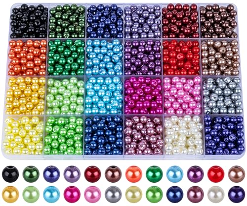 XSEINO Etwa 1200 Stück, 6 mm Perlen, Glasperlen, Armbandherstellungs-Set, 24 verschiedene Farben, bunte Kristallperlen für Armband- und Schmuckherstellung und Bastelarbeiten, Freundschaftsarmbänder von XSEINO