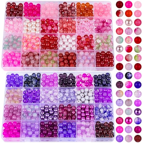 XSEINO Etwa 1200 Stück, 8 mm Glasperlen, Armbandherstellungs-Set, 48 verschiedene verträumte rote und violette Serien, bunte Kristallperlen für Armband- und Schmuckherstellung und Bastelarbeiten, von XSEINO