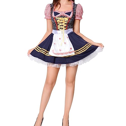 XTBFOOJ Dirndl Bluse Weiß Spitze Verstellbares Oktoberfest-Kleid Zum Binden Für Damen Mit Neckholder Rockkante Aus Netzstoff Mit Schleife Ahri-Cosplay Trachtenkleid Damen Modern Blau Dirndl Midi von XTBFOOJ