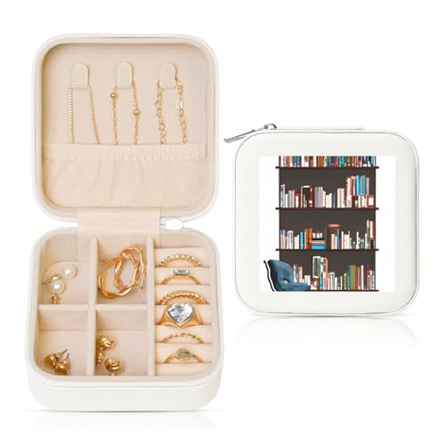 XTYGETY Bibliotheks-Bücherregal-Druck, PVC-Leder, Samt-gefüttert, Aufbewahrungsbox, Schmuckschatulle für Damen, für Halsketten, Ohrringe, Armbänder von XTYGETY