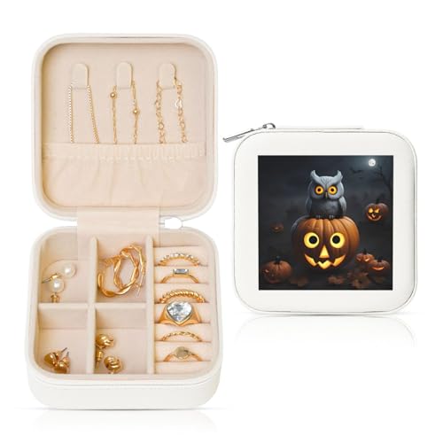 XTYGETY Halloween-Eule, Geist, Kürbis, 1 Druck, PVC-Leder, Samt-gefüttert, Aufbewahrungsbox, Schmuckschatulle für Damen, für Halsketten, Ohrringe, Armbänder von XTYGETY