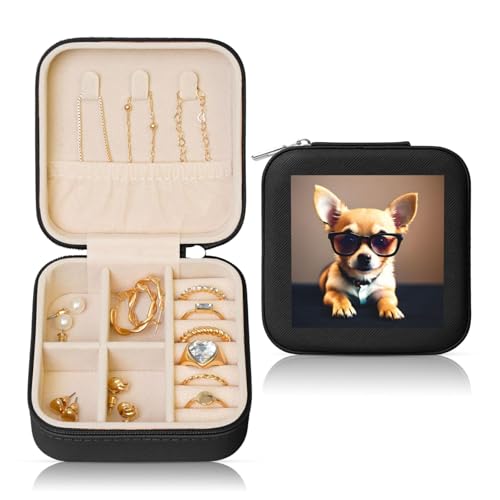 XTYGETY Schmuckschatulle mit Chihuahua-Hundebrille, 1 Druck, PVC-Leder, Samt-gefüttert, Schmuckschatulle für Damen, für Halsketten, Ohrringe, Armbänder von XTYGETY