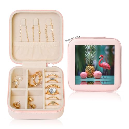 XTYGETY Schmuckschatulle mit rotem Flamingo-Ananas-Druck, PVC-Leder, mit Samt gefüttert, für Damen, für Halsketten, Ohrringe, Armbänder von XTYGETY