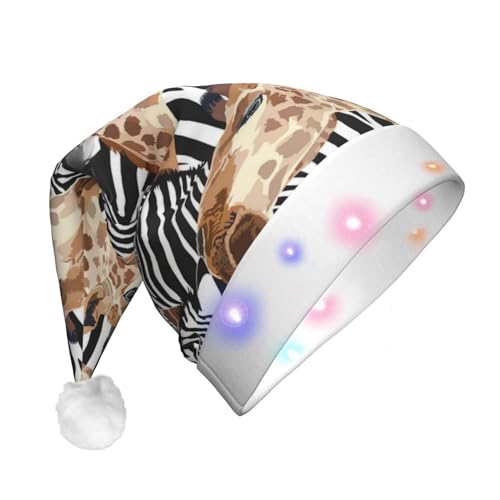 XTYGETY Weihnachtsmütze mit Zebra- und Giraffenmotiv, Elfenmütze, Unisex, für Erwachsene, leuchtende Weihnachtsmannmütze mit LED-Lichtern, für festliche Partys von XTYGETY