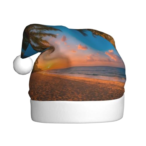 XTYGETY Weihnachtsmützen mit Sonnenuntergang, Hawaii-Palme, für Damen und Herren, Weihnachtsmannmütze, perfekte Kopfbedeckung für Erwachsene, Kostümpartys von XTYGETY