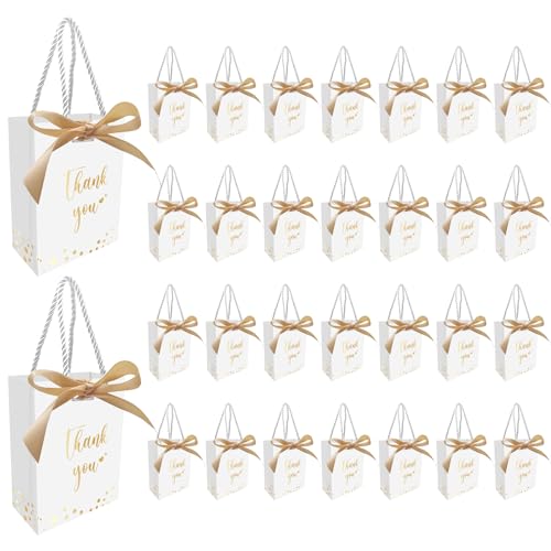 30 Stück Mini-Papiertüten, 4,3''x2,4''x6'',Dankeschön“-Geschenktüte mit Griff und Schleifenband für Hochzeit, Babyparty, Abschlussfeier (Weiß/Gold) von XUDIY