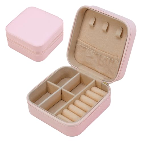 XUEHOU Schmuckschatulle Schmuck Organizer Schmuckbox Klein Tragbare Box Travel PU-Leder Reise Schmuckkästchen Damen Mini Aufbewahrungsbox Rosa für Ringe, Ohrringe, Halsketten von XUEHOU