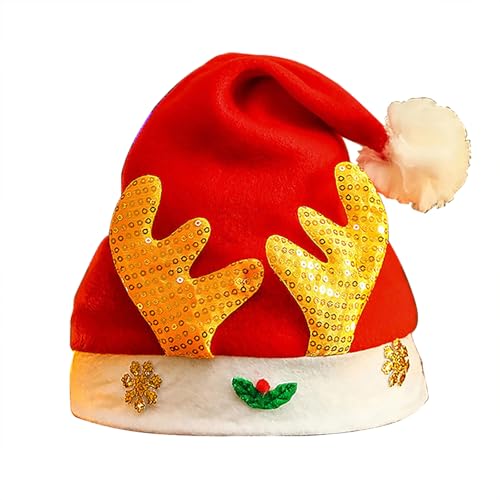 XUEHOU Weihnachtsmütze Nikolausmütze Weihnachtsmützen Santa Headwear Rot Santa Hut Haarschmuck Rote Plüsch Weihnachtsfeier Hut Goldene Elchgeweih-Weihnachtsmütze Unisex für Erwachsene, Kinder von XUEHOU