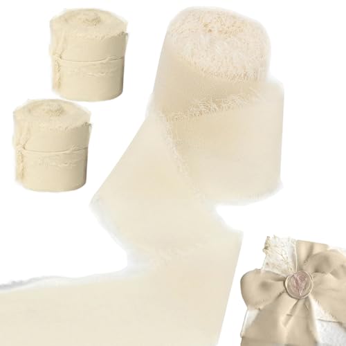 Chiffon Ribbon 3 Rollen 2 x 7yd Hand zerlegtes Fransenband für Blumenstrauß gefrätte Kante Elegantes Geschenkband Dekorative Bänder für Hochzeitseinladungen, Brautsträuße, Geschenke, Beige, beige, be von XUEYEGONGJI