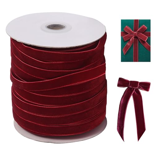 Samtband, 50 Meter langes Samtband, 3/8 '' Weit einseitiger Samt -Weihnachtsbandrolle mit Spulen, Samtband für Bögen, die Geschenkverpackung Wein Rot, Samtband machen von XUEYEGONGJI