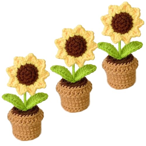 XUEYEGONGJI 3pcs Häkelblüten, 4,7 x 2 x 2 Zoll gestrickte Blume Sonnenblumen -Topfpflanzen, künstliche Häkeln Sonnenblumen für das Armaturenbrett -Büro -Hausdekoration, Häkelblumen von XUEYEGONGJI