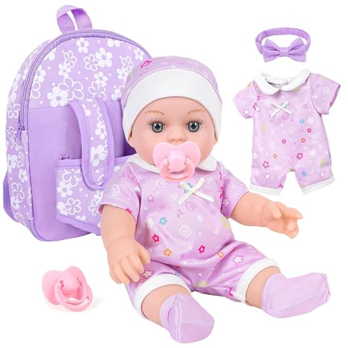 XUEYEGONGJI Babypuppen mit Blumenrucksackträgern, 12 Zoll realistische Babys Puppen mit tragbaren Kleidung und Accessoires für Kinder Girls Geschenke, Babypuppenträger von XUEYEGONGJI