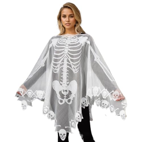 XUEYEGONGJI Halloween Skeleton Kostüm Spitze Skelett Poncho für Frauen Skelett Cape 57x57 Zoll weißes Skelett Kostüm Poncho Halloween Kostüm für Frauen von XUEYEGONGJI