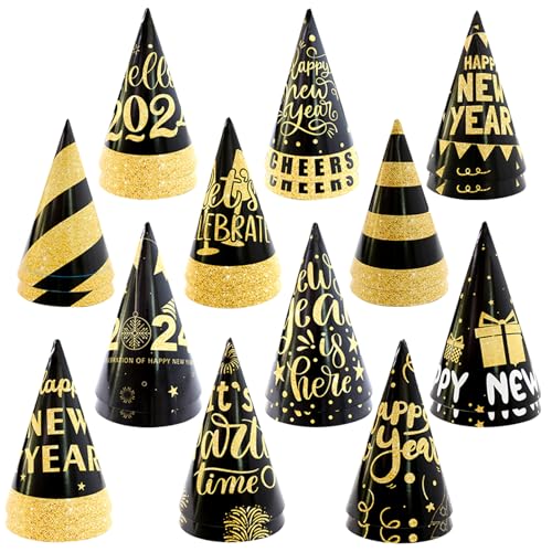 XUEYEGONGJI Silvester Partyhüte 2024 24PCS verjüngte Schwarze Gold Glitter Party Hüte für Erwachsene Kinder 4,1 Zoll Durchmesser Neujahr Dekorationen mit Seilmützen von XUEYEGONGJI