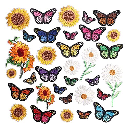 XUJIAN Gestickte Blumen, zum Aufbügeln, für Kleidung, 33 Stück, Motiv: Schmetterling, Sonnenblume, für Kleidung, Kleid, Hut, Jeans von XUJIAN