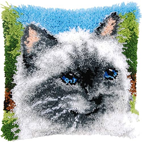 XUJINGJIE Knüpfkissen Zum Selber Knüpfen Kissen DIY Kissenbezug Latch Hook Kit Teppich Knüpfen Set Erwachsene, Katze, 42 X 42cm von XUJINGJIE