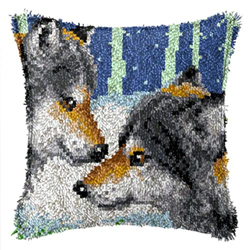 XUJINGJIE Knüpfkissen zum Selber Knüpfen DIY Kissenbezug mit Wolf Bedrucktem Leinwandmuster Handarbeit Stickkissen Kreuzstich Knüpfen Set Erwachsene, 43 X 43cm von XUJINGJIE