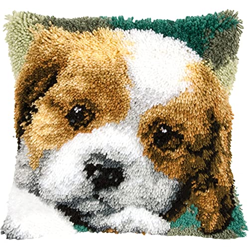 XUJINGJIE Knüpfteppich Knüpfkissen Zum Selber Knüpfen Kissenbezug mt Hund Gedrucktem Muster Teppich Handarbeit Set für Sofa Home Decor, 43 X 43cm von XUJINGJIE