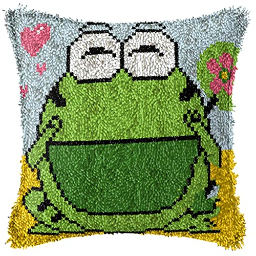 XUJINGJIE Knüpfteppich Zum Selber Knüpfen DIY Frosch Muster Kissenbezug Latch Hook Kit Knüpfkissen Stickerei Kreuzstich für Sofa Home Decor, 43X43cm von XUJINGJIE