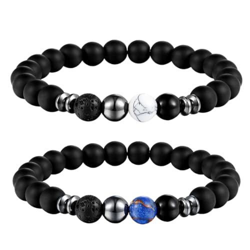 XUJLRL 2 Stück Perlenarmband für Herren aus 8 mm schwarzen Lavasteinen und Onyx-Perlen - Elastisches Kugelarmband als Geschenk aus echten Natursteinen von XUJLRL