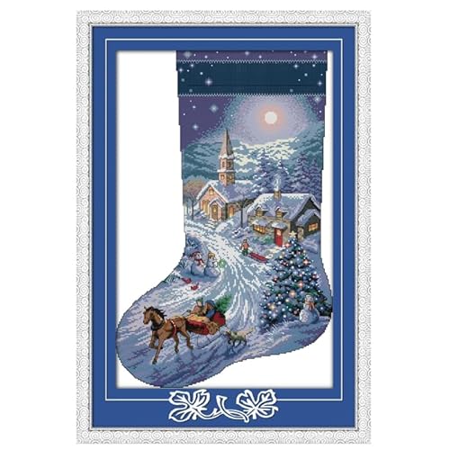 Kreuzstich-Kits Vorgedruckte Stoffe Stickerei Kit für Erwachsene Anfänger 11CT-Weihnachtsstrumpf 30x44(Rahmenlos) von XUKERA co.,ltd