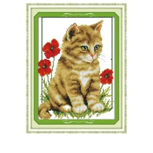 Kreuzstich Stickpackungen Vorgedruckt Set Erwachsene, Stickvorlagen Stickbilder Kreuzstich Stickbild Set für Erwachsene Anfänger Cross Stitch Kit-Süße Katze, Stil 3,40x50cm(Rahmenlos) von XUKERA co.,ltd