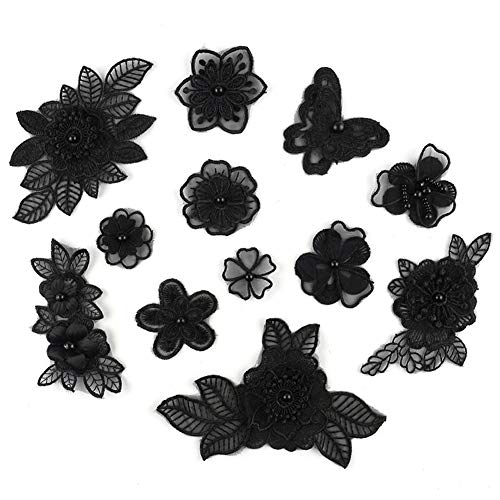 XUNHUI Schwarz 3D Blumenstickerei Applique Perlen Perlentüll DIY Hochzeitskleid Nähen Kleidung Applique Spitze Kostüme Dekoration Patch 1Set / 12Stücke von XUNHUI