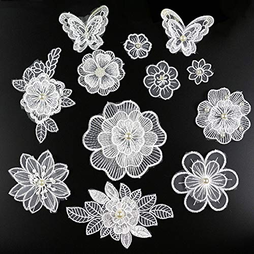 XUNHUI Weiß 3D Blumen-Stickerei Applikation Perlen-Tüll DIY Hochzeit Kleid Nähen Kleidung Applikation Spitze Kostüme Dekoration Patch 1 Set / 12 Stück von XUNHUI