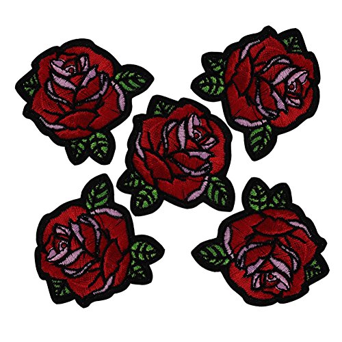 XUNHUI Wunderschöne Aufnäher Motiv Rote Rose/Blume zum Aufbügeln gestickt für Stoff Cartoon-Aufnäher Kleidungs-Applikationen Bastel-Zubehör 5 Stück von XUNHUI