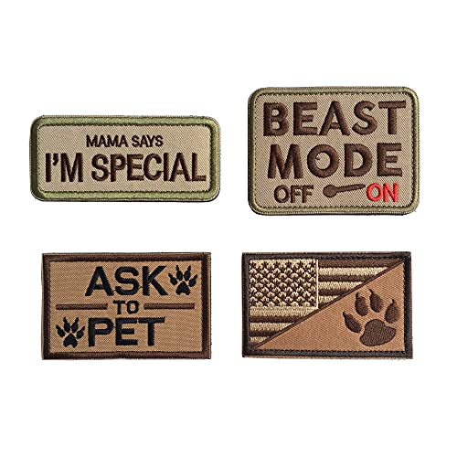 4 Stück Sevice Dog Pet Patch Beast Mode On,Ask to Pet,US Flag Dog Tracker Paw Mama Says I'm Special Funny Embroidered Applique Hook & Loop Patches (4 Stück - Multitan) von XUNQIAN