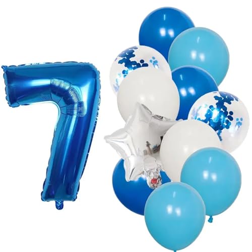 XUXINYCS 12 Stück blaue 76,2 cm große Zahlen-Folie weiße Latexballons Happy Birthday Party Dekorationen Kinder 1 2 3 4 5 6 7 8 9 Jahre alt von XUXINYCS