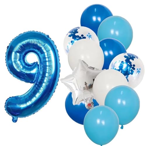 XUXINYCS 12 Stück blaue 76,2 cm große Zahlen-Folie weiße Latexballons Happy Birthday Party Dekorationen Kinder 1 2 3 4 5 6 7 8 9 Jahre alt von XUXINYCS