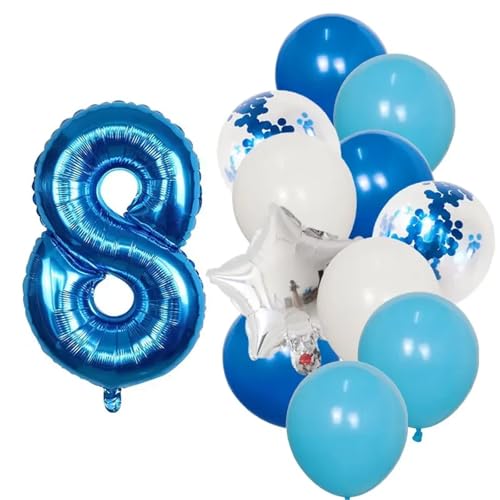 XUXINYCS 12 Stück blaue 76,2 cm große Zahlen-Folie weiße Latexballons Happy Birthday Party Dekorationen Kinder 1 2 3 4 5 6 7 8 9 Jahre alt von XUXINYCS